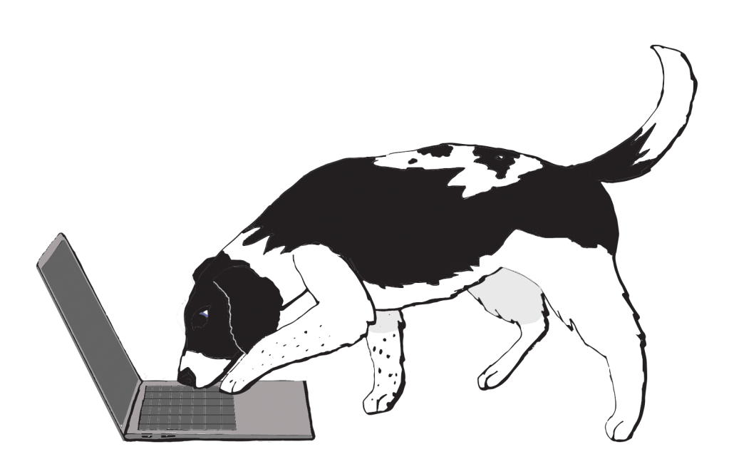 A dog sniffing a laptop and trying to type.